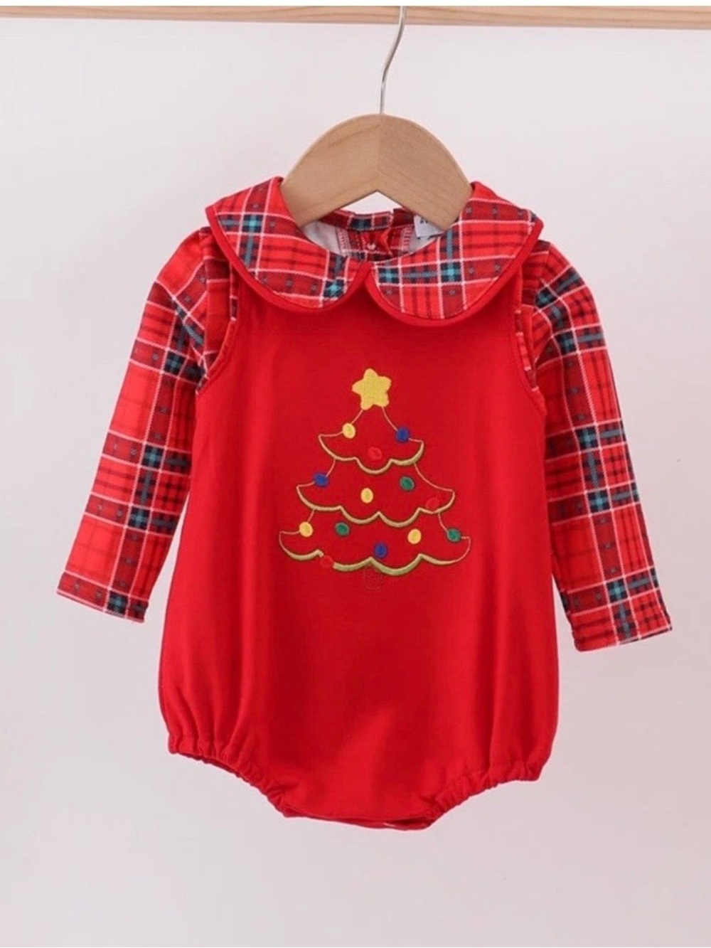 Abby & Evie Boys Red Plaid Embroidered Christmas Tree 2 Pc Bubble Sizes 6M 12M